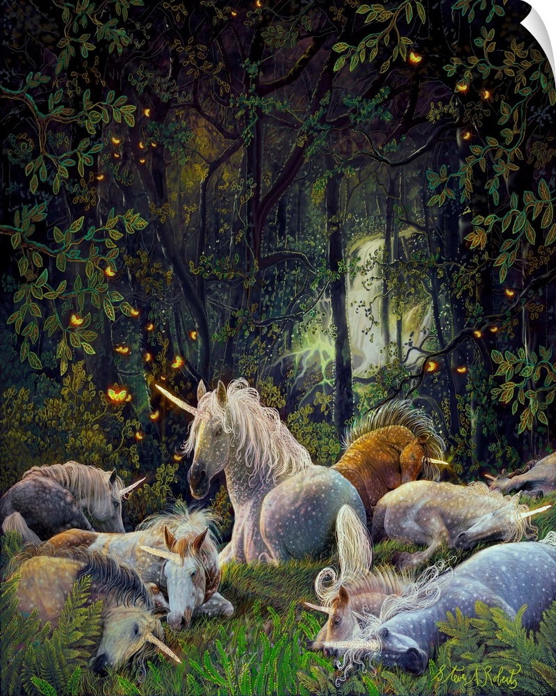 Unicorns sleeping in magical forest