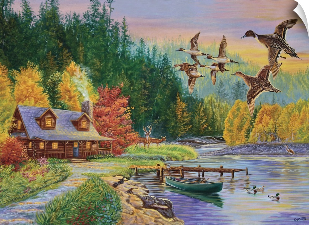Pintail ducks flying over a log cabin next to a river