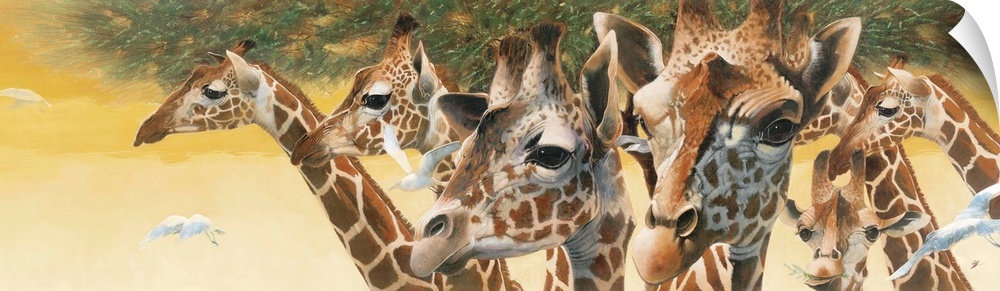 Contemporary painting of a group of giraffes.