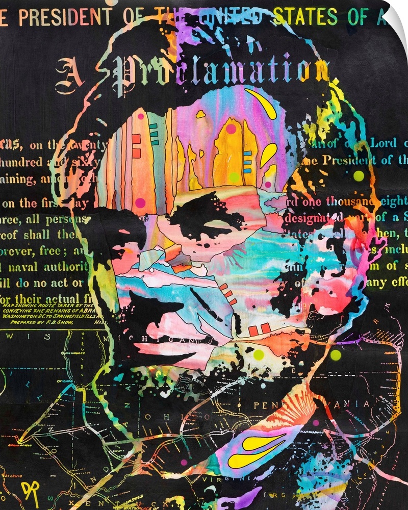 Colorful abstract illustration of Abraham Lincoln with his Proclamation written in the background and part of a street map...