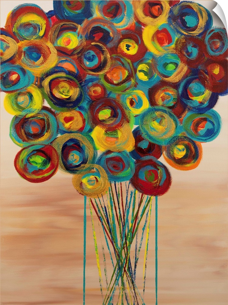 A contemporary abstract painting of a bouquet of colorful flowers in a vase against a light brown background.