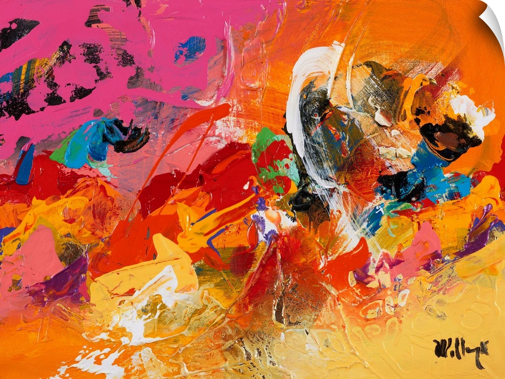 Wild, vivid abstract full of movement, with bold brushstrokes and contrasting colors.