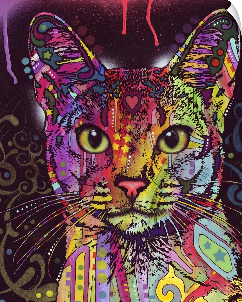 Large abstract painting of a cat made up of different colors and patterns.