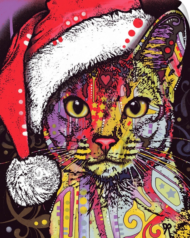 Cute painting of a colorful cat with abstract designs wearing a Christmas hat.