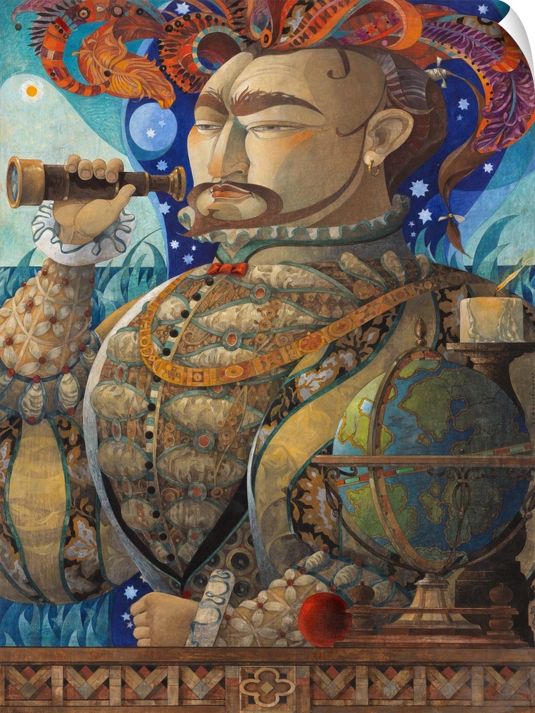 Contemporary artwork of an explorer holding up a telescope, against a decorative background.