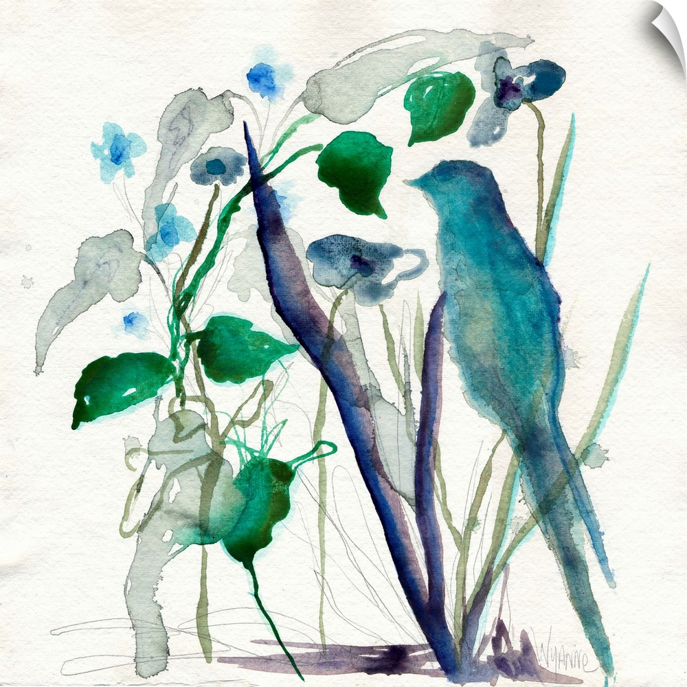 A blue watercolor bird hiding in grass.