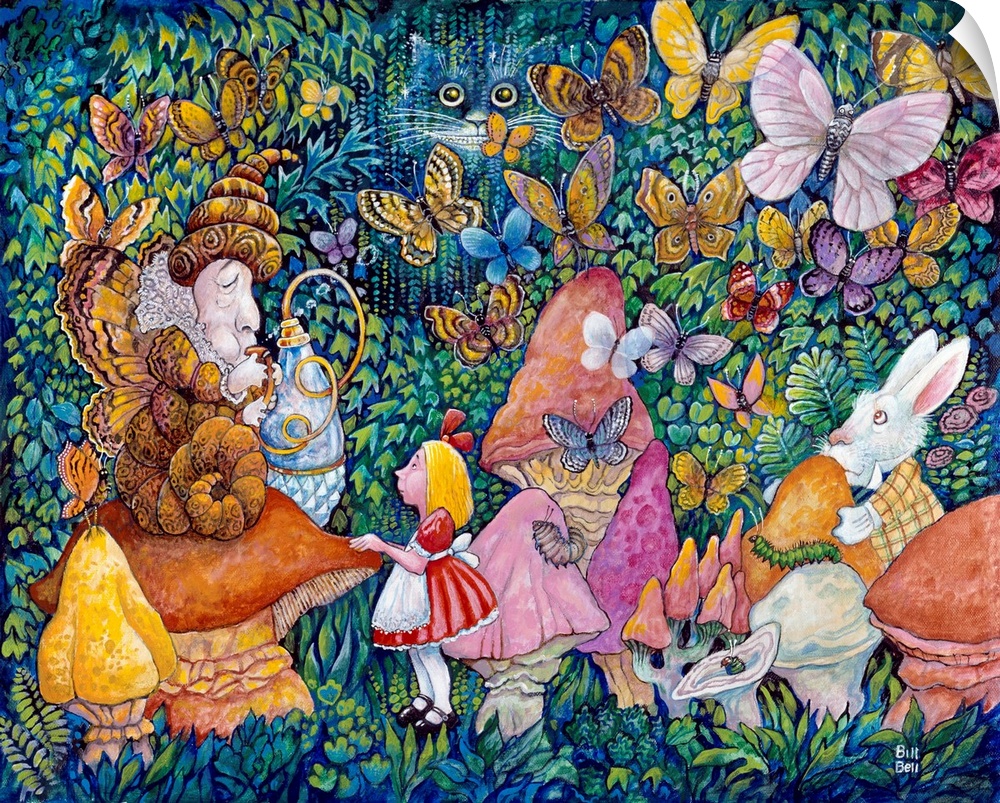 Alice talking to a smoking caterpillar in Wonderland.
