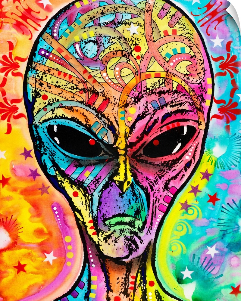 Colorful painting of an alien with abstract markings all over.