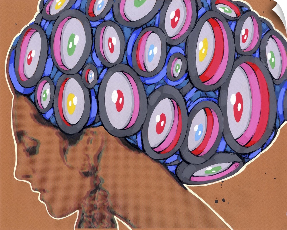 Pop art painting of a woman with large staring eyes in her hair.