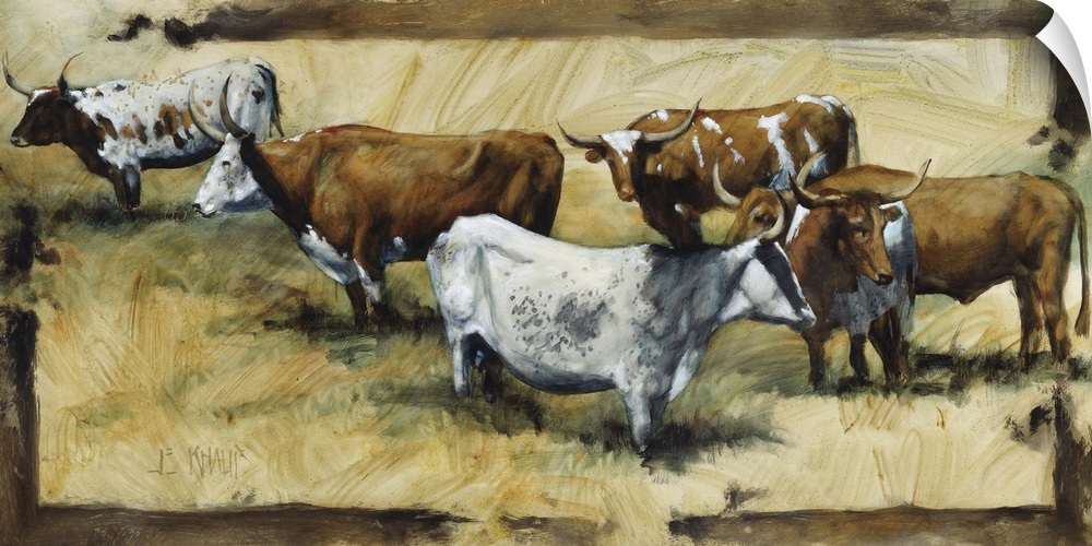 Contemporary western theme painting of a bull grazing.