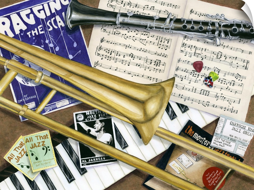 Contemporary colorful still-life painting of instruments and jazz sheet music.