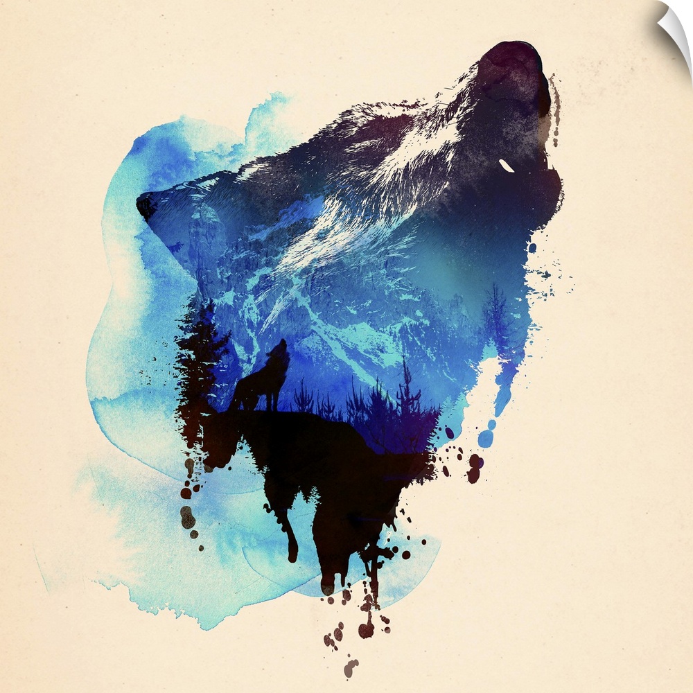 Contemporary artwork of a howling wolf with the silhouette of wolf withing the image.