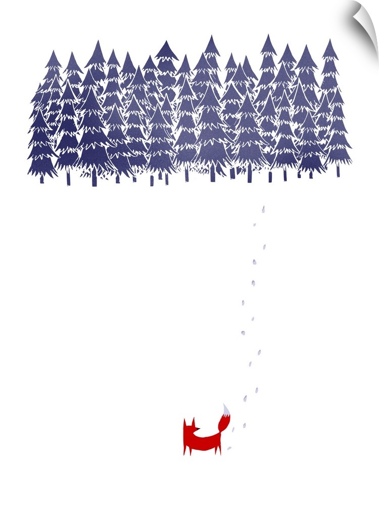 Contemporary artwork of a red fox in a white environment looking at a thicket of trees.