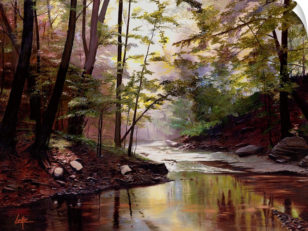 Contemporary painting of a river passing through a forest.