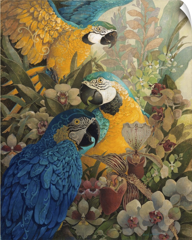 Three blue and gold macaws among rainforest flowers in the Amazon.
