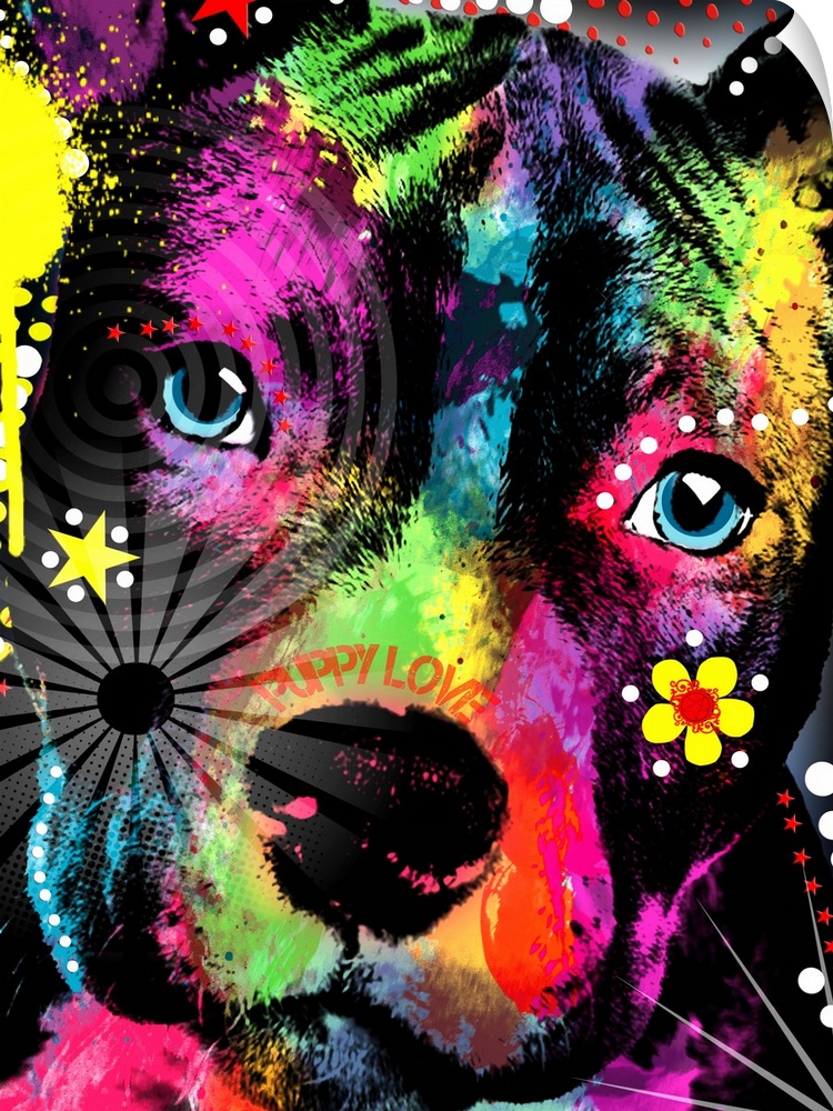 Contemporary artwork of an American Pit Bull colored in an array of bright and vibrant colors.