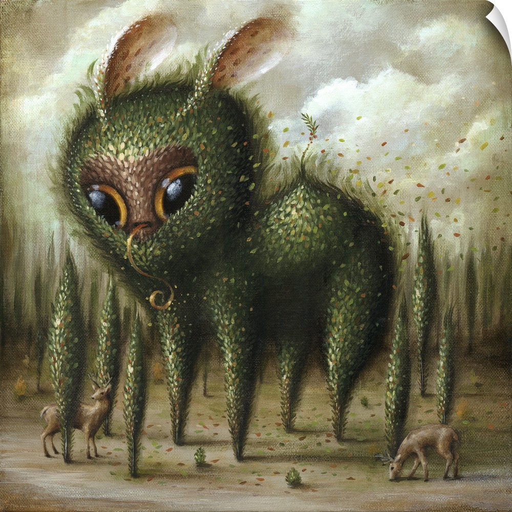 Surrealist painting of a foliage covered beast towering above a forest.