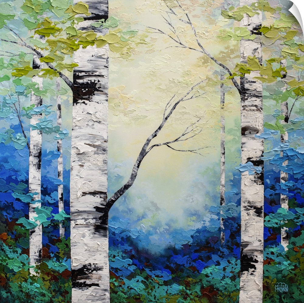 Fine art textured painting of aspen trees and birch trees in sunlit forest Giclee art print on canvas by contemporary abst...