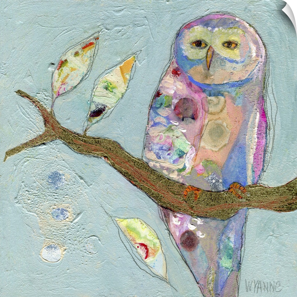 A pastel colored owl sitting on a branch.