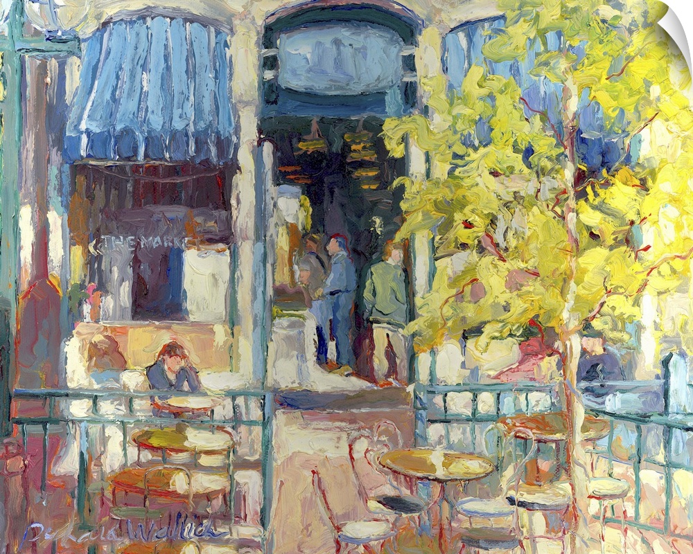 Contemporary colorful painting of an outdoor seating at a cafe.