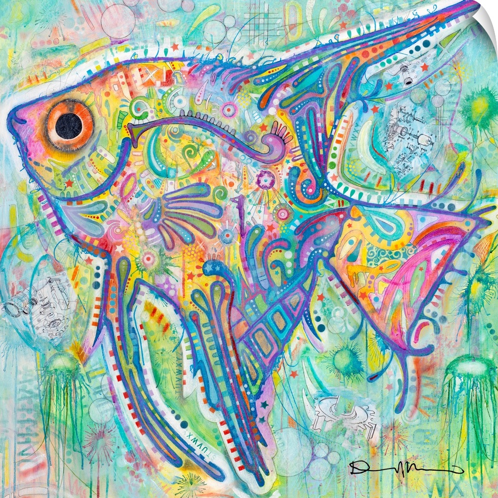 Square painting of an angelfish in pastel colors with abstract designs all over.