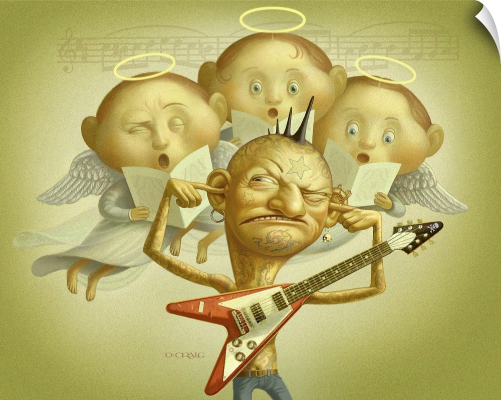 A choir of angels singing and annoying a rocker with an electric guitar.
