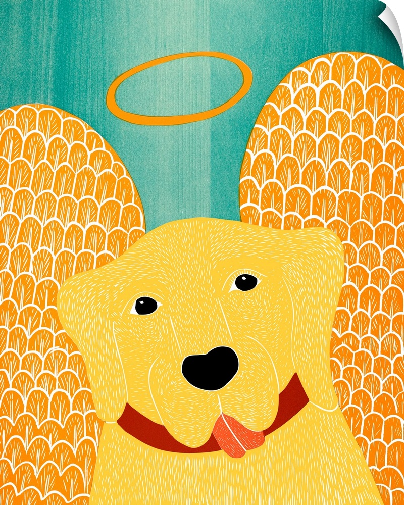 Illustration of a yellow lab with angel wings and a halo.