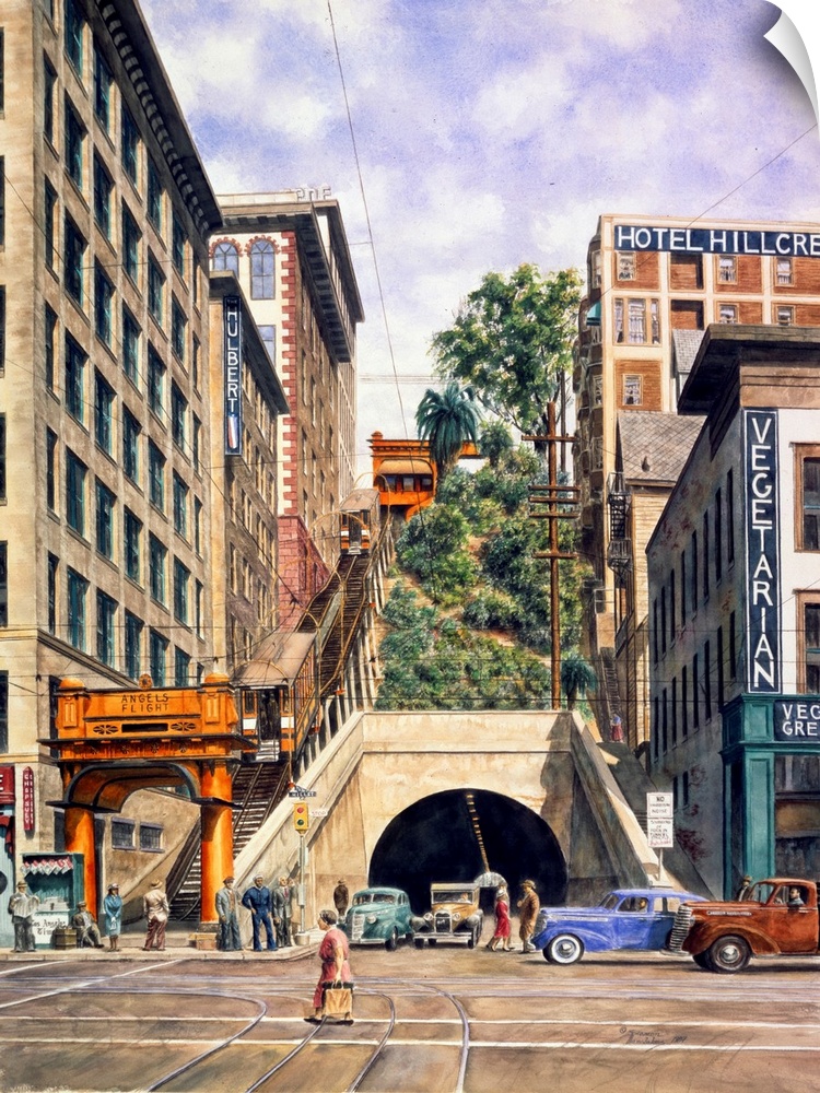 Contemporary painting of a tunnel between tall building in a city.