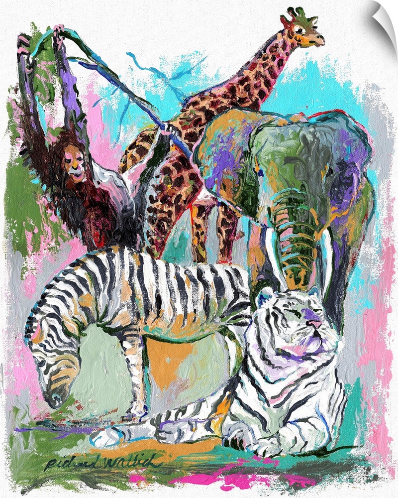 Various animals gathered together against a colorful background.