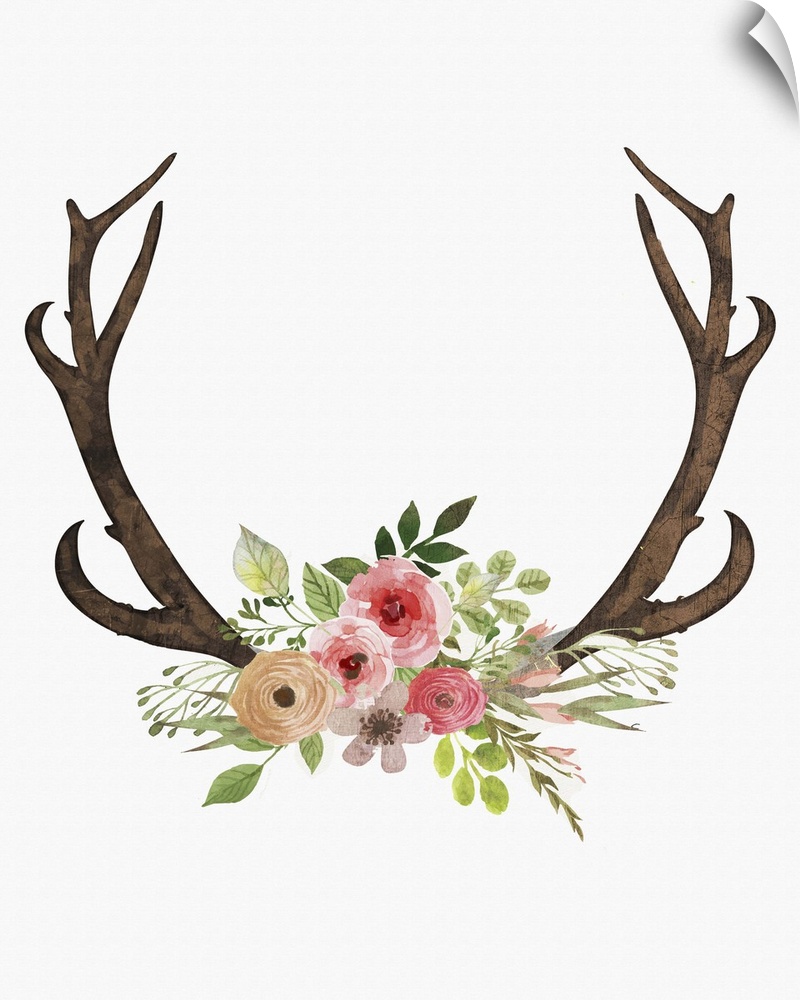 Watercolor painting of antlers with a bouquet of flowers in the center on a solid white background.