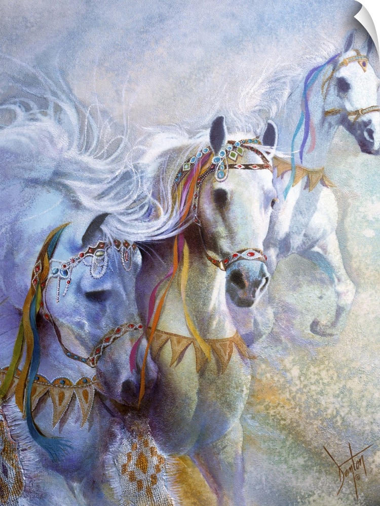 A contemporary painting of a White horses running wild.