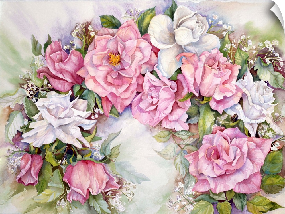 Colorful contemporary painting of white and pink roses.