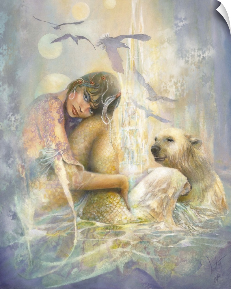 A contemporary painting of a mermaid staring straight on while polar bears play together in the water next to her.