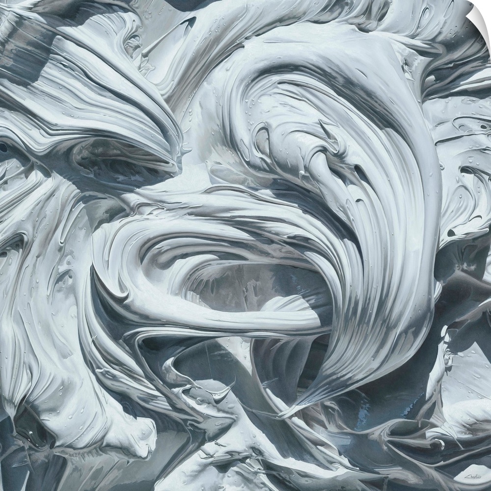 Contemporary vivid realistic still-life painting of swirl and smeared white paint, resembling dried plaster.