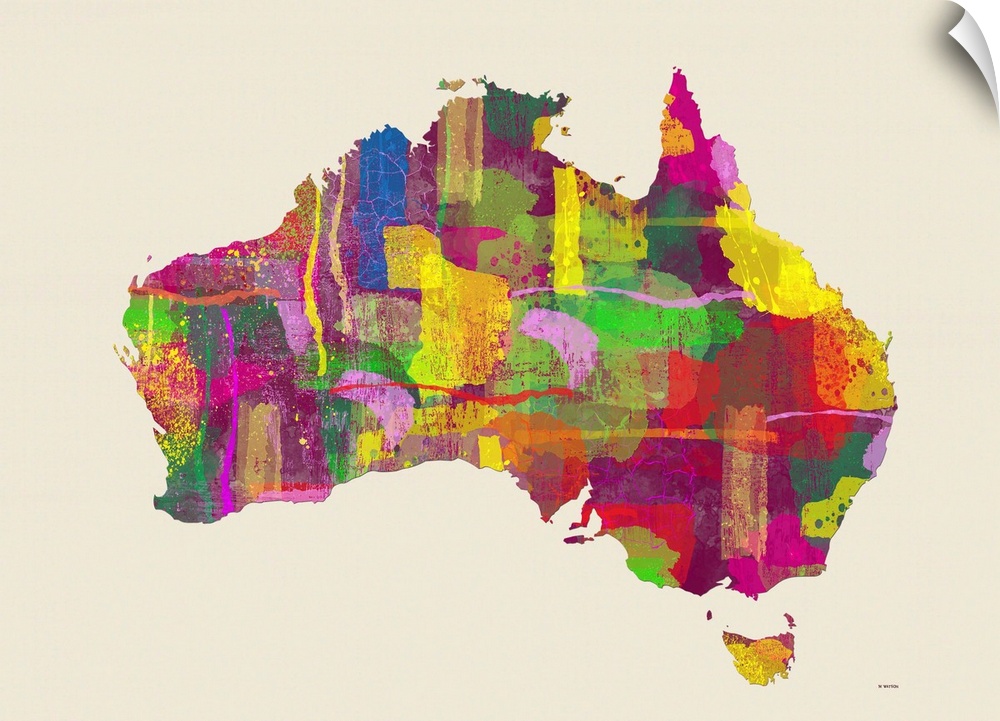 Contemporary colorful art map of Australia against a cream background.