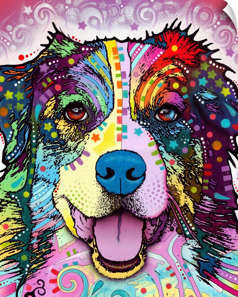 This colorful print contains vibrant patterns that are used over the face of an Australian shepherd dog.