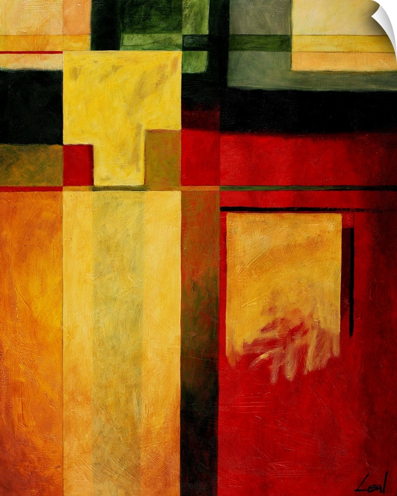 Abstract painting with squares, varying in shapes and color.
