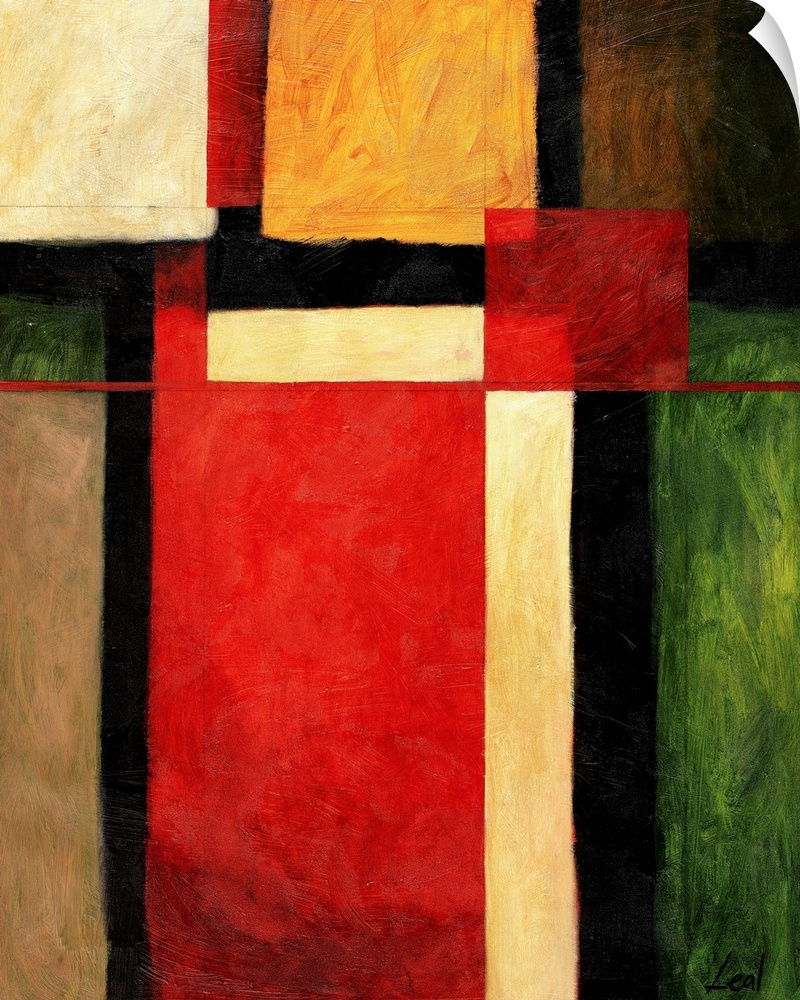 Abstract painting with squares, varying in shapes and color.