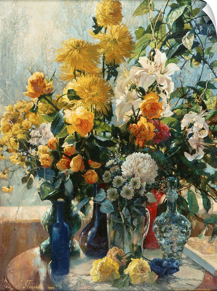 Colorful contemporary still-life painting of a multi-colored flowers in vases.