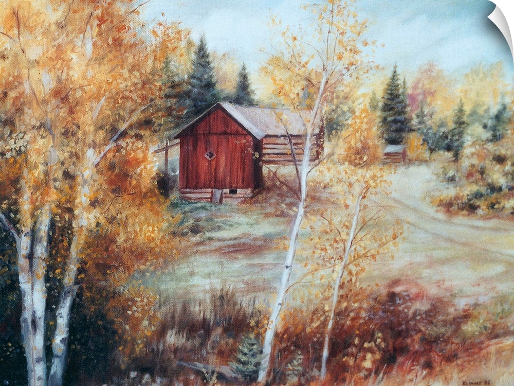 Contemporary artwork of a barn in the fall in Ontario, Canada.