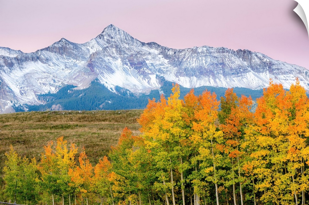 Beautiful, bright landscape photograph of colorful Fall trees in the foreground, snowy mountains in the background, and a ...