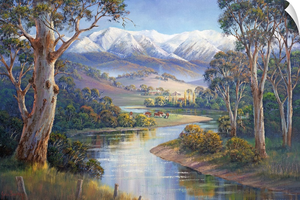 Contemporary painting of an idyllic river valley scene.