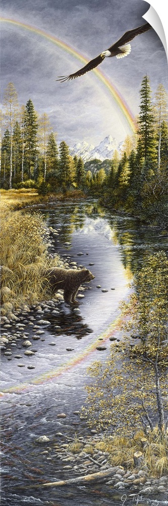 a vertical image of a bear crossing a stream with an eagle flying above through a rainbow