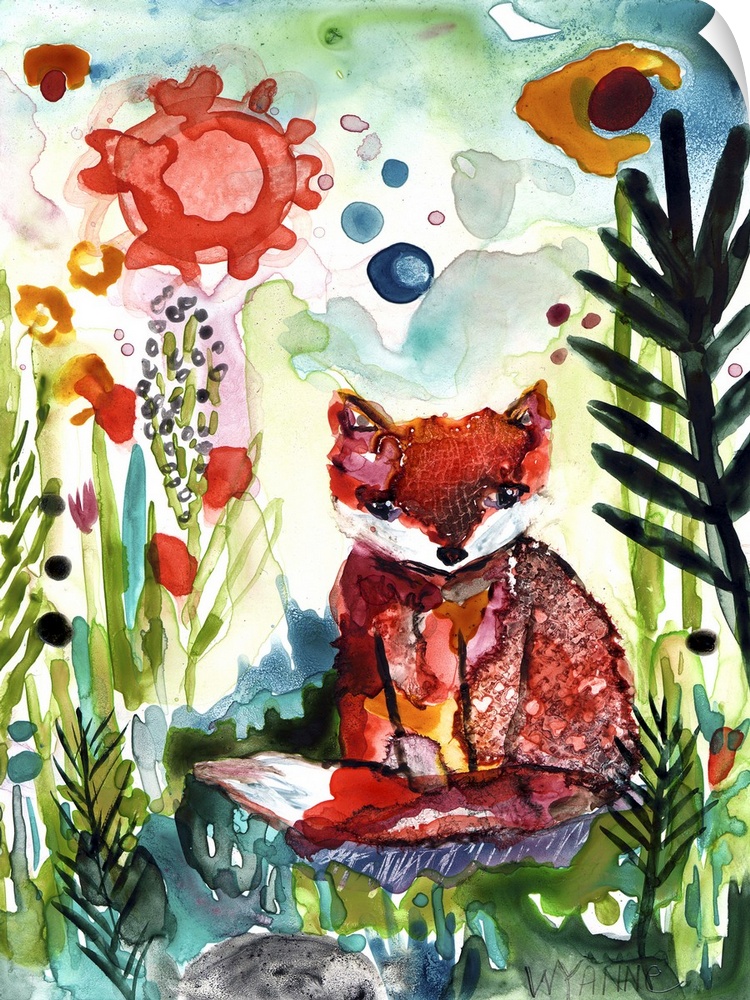 A watercolor painting of a fox among tall plants with the sun above.