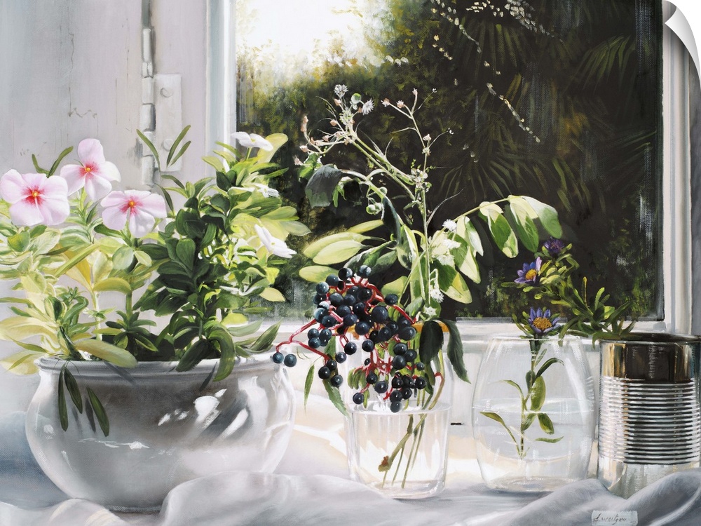 Contemporary still life painting of a round bowl filled with flowers.