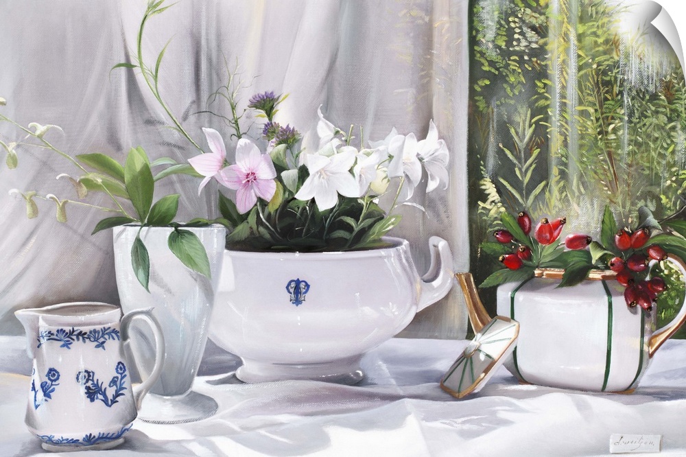 Contemporary still life painting of a set of white vases on a white tablecloth.
