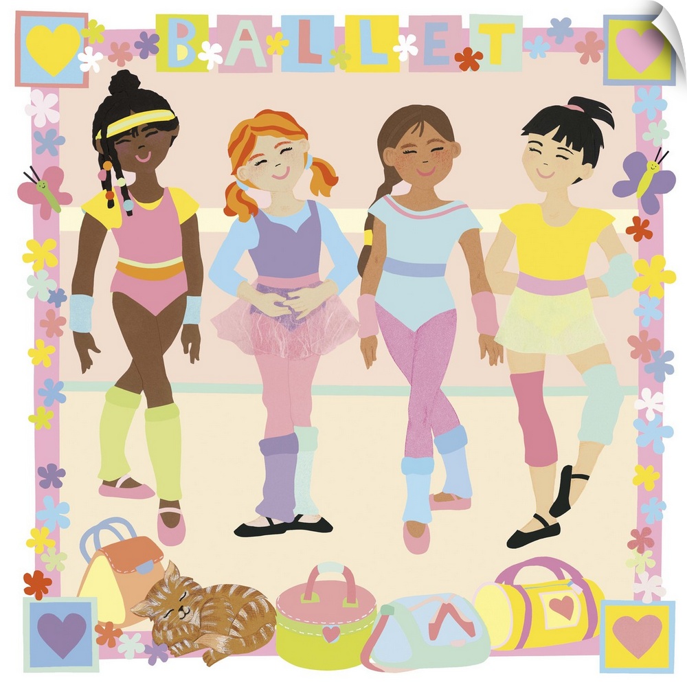 Children's illustration of young girls doing ballet.