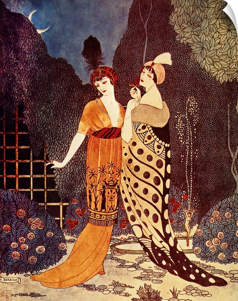 Artwork of a vintage fashion illustration of women displaying elaborate dresses outdoors under a crescent moon.