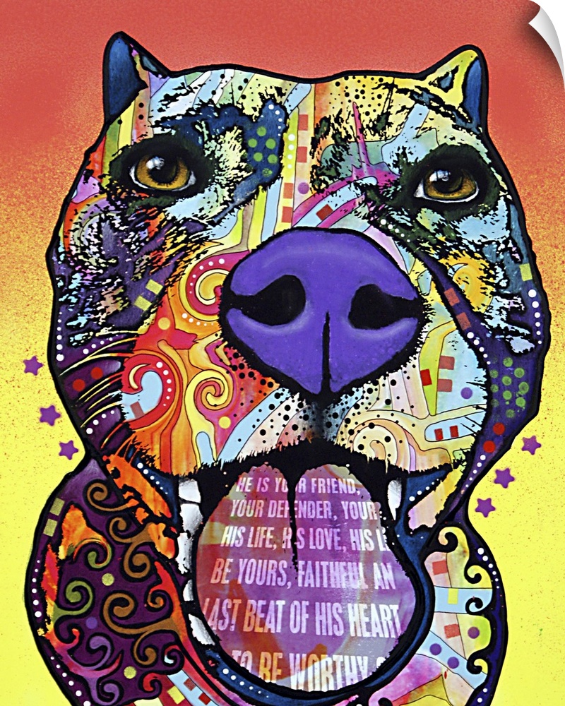 Contemporary artwork of a dog's outline filled with several multicolored patterns with the text "He is your friend, your d...
