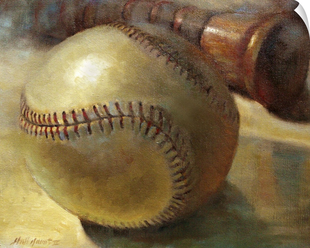 Contemporary still-life painting of a baseball and bat.